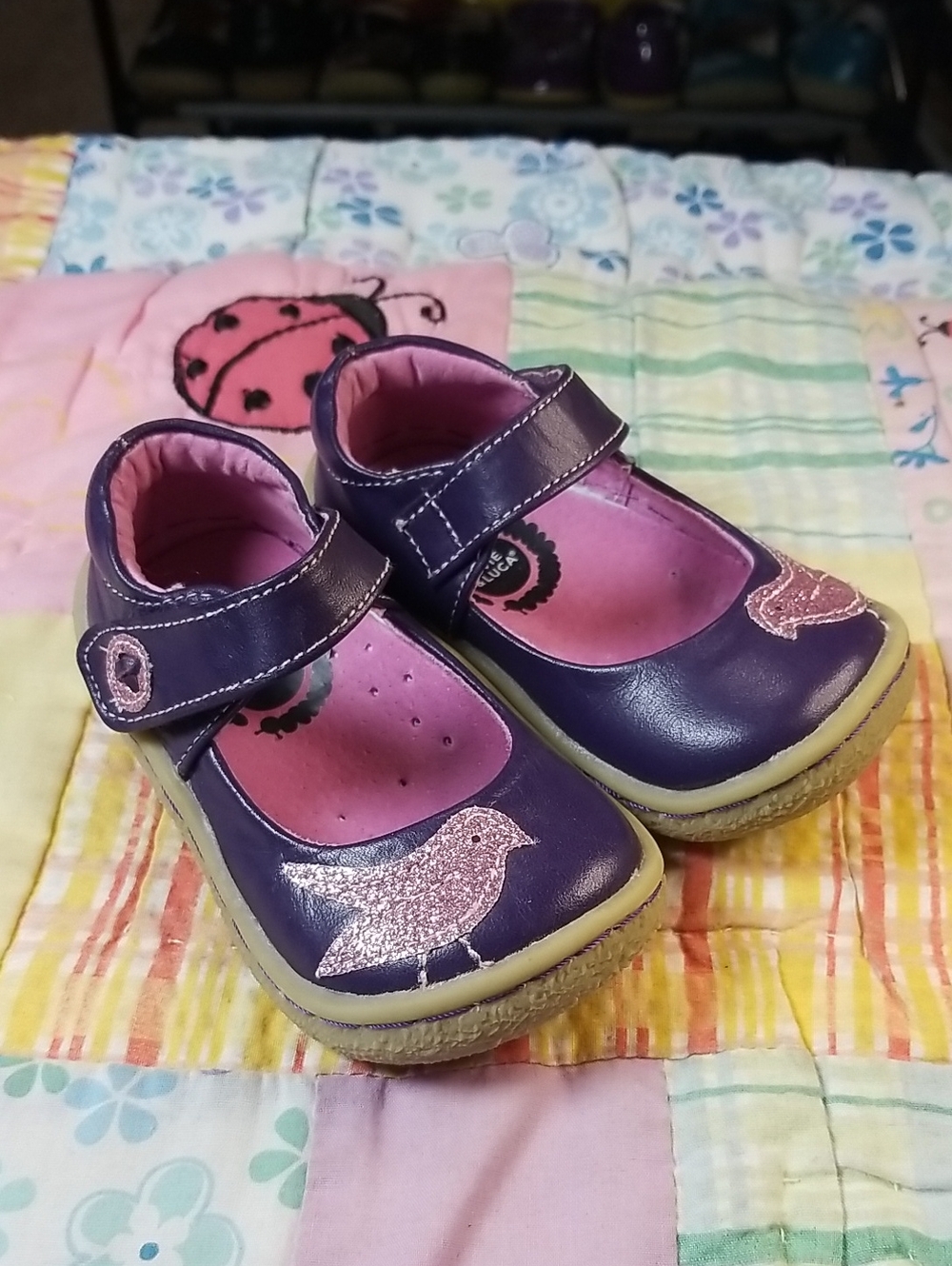 Livie & Luca Purple Leather Mary Jane Shoes with Pink Glitter Bird Size 4 Pio